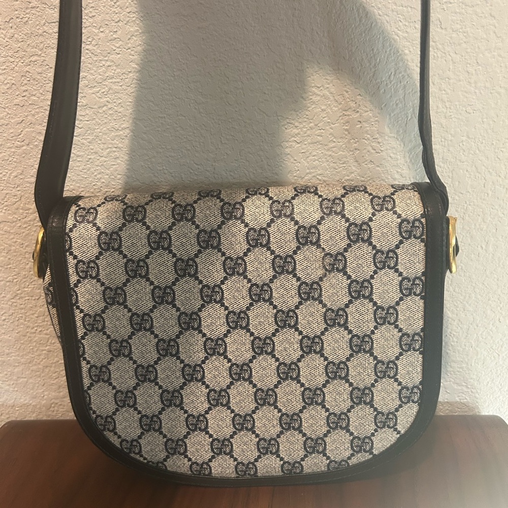Gucci Navy GG Monogram Shoulder Bag with Leather Trim with COA and Dustbag - Picture 3 of 13